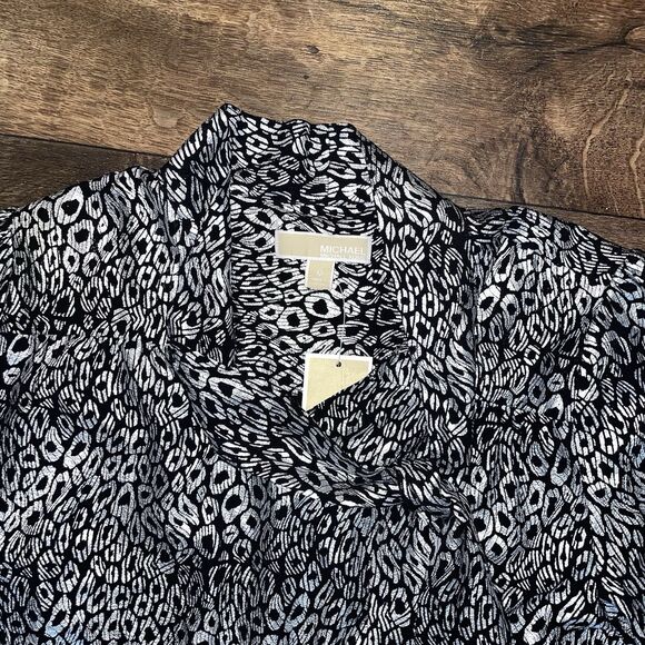 Michael Kors Black & Silver Shimmering Animal Print Blouse With Tie Size M NWT - Picture 2 of 10